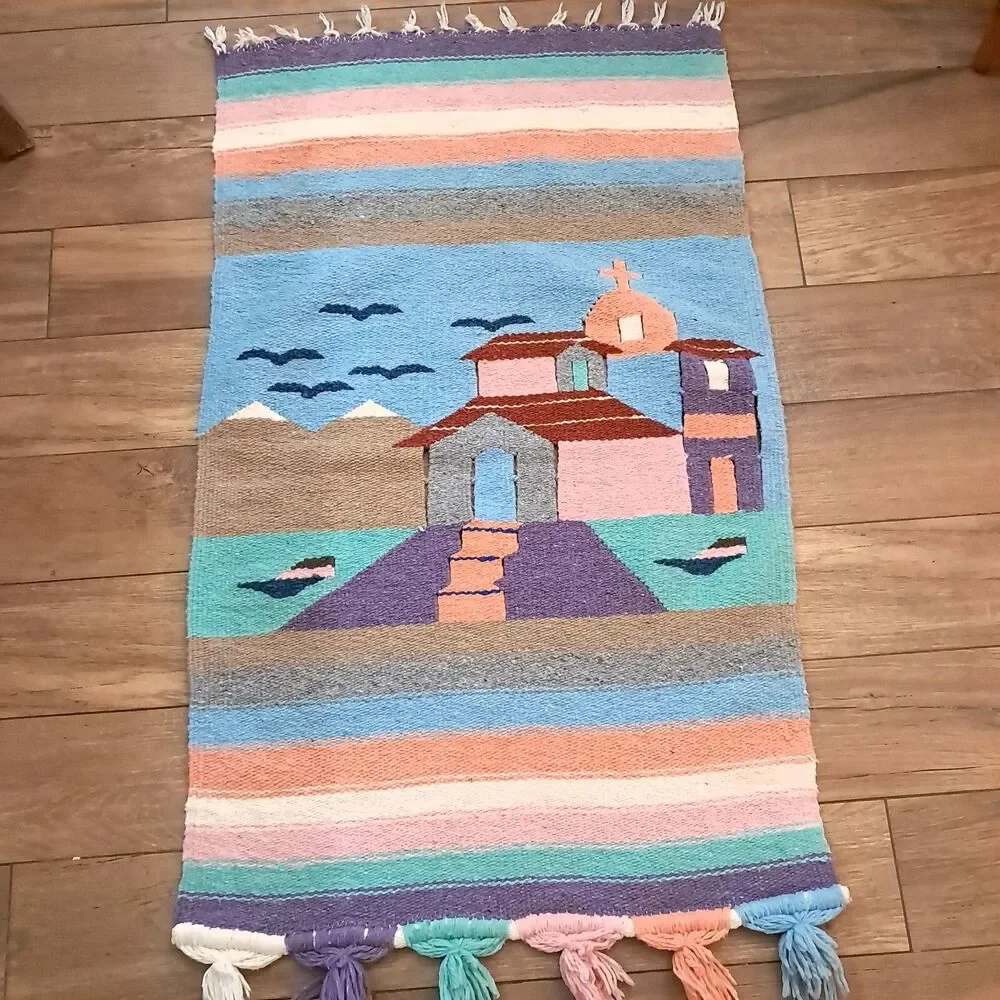 Vintage Mexican Pastel Houses church Wall Hanging decor Tapestry southwest woven
